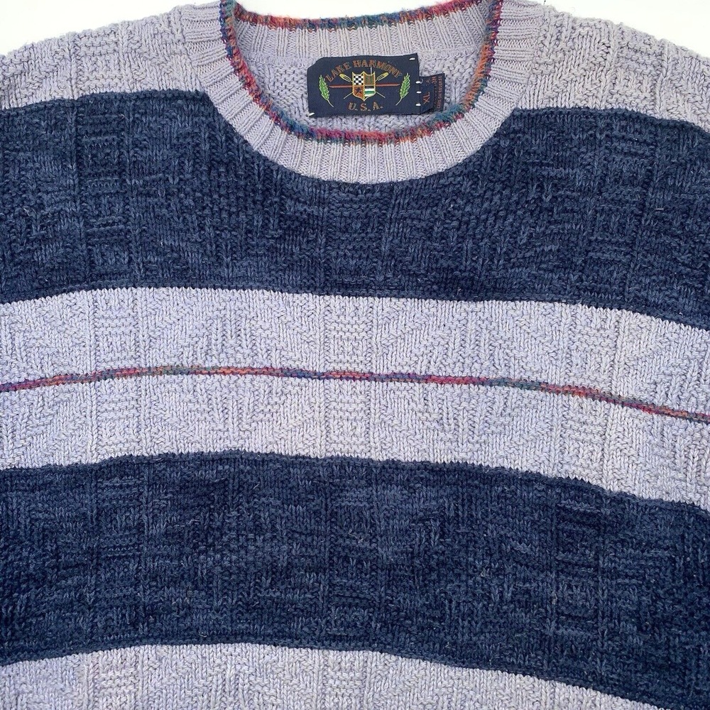 Lake Harmony Sweater Mens XL Blue Striped 3D Textured Knit 100% Cotton USA Made